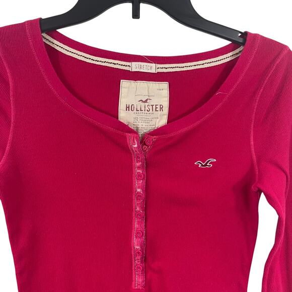 Hollister Women Sz L Henley Top Red Y2K Fitted Ribbed Grunge Elena Gilbert Twee - Picture 3 of 6